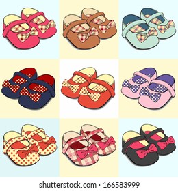 Vector illustration designs of baby shoes with bow (for girls)