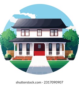 Ilustración vectorial de una casa deseable y mucho en un ambiente suburbano
