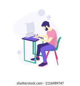 Vector illustration with desk and bill for business, study infographics, online training, freelance. Creative workplace in flat icon colors. UI design illustration