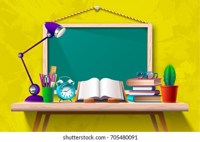 Vector illustration of desk with book and other learning items at blackboard.