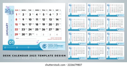 vector illustration of Desk Calendar 2023 templates designs with Indonesian holidays concepts and Chinese calendar days version for office planner, Corporate design planner template. Ready to printing