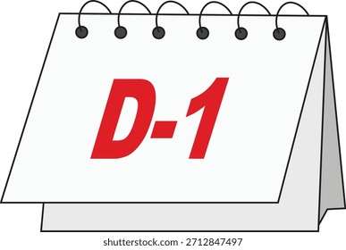 Vector illustration of a desk calendar displaying “D-1” in bold red text, symbolizing one day remaining before an important event, deadline, or countdown milestone.