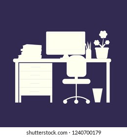 Vector illustration of desk with computer, books, flowers