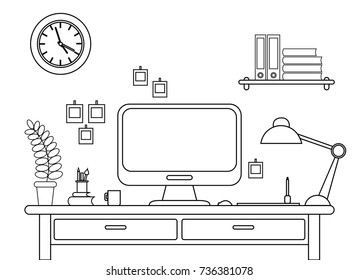 Vector illustration of desk with a computer. Workplace in office or at home line style on white background.