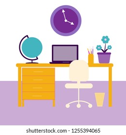 Vector illustration of desk with laptop, books, flower, globe and clocks on the wall