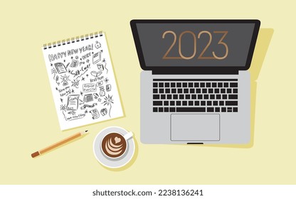 Ilustración vectorial de un escritorio con laptop, bloc de notas, café, lápiz, doodle de resoluciones de año nuevo, escritura