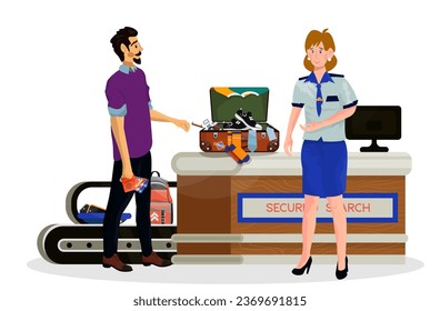 Vector illustration of desk of security search with inspector and passengers or tourists in an airport on a white isolated background.