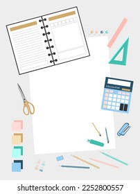 Ilustración vectorial de escritorio y papel. De vuelta a la escuela. Conjunto de artículos de papelería. Suministros escolares. Herramientas de Office. Fondo con papel. 