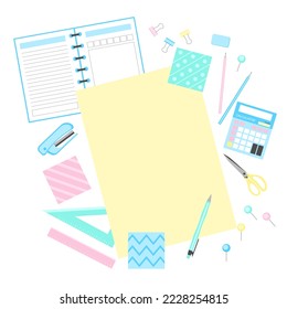 Ilustración vectorial de escritorio y papel. Diseño plano de herramientas escolares, suministros, papelería. Pluma, lápiz, regla, notas y otros artículos. Fondo con papel.