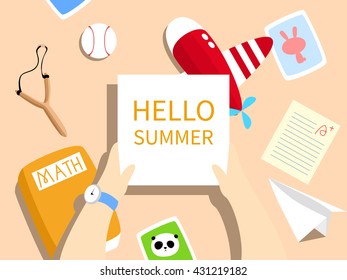 Vector Illustration: A desk with toy plane, paper plane, test paper, math textbook, photos, baseball, slingshot on it. A blank paper / card is held by a child's hands. For summer holiday / school out.