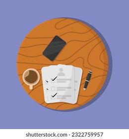 vector illustration of desk with work papers, coffee, pen and smartphone.