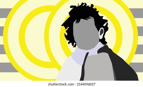 
Ilustración vectorial. Fondo de escritorio con una silueta en tonos grises y azul claro. El pelo rizado negro. Fondo detrás de una silueta con un objeto en tonos amarillos. Retrato del cuerpo superior. A