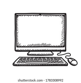 Vector illustration of a desktop computer in black and white sketch style