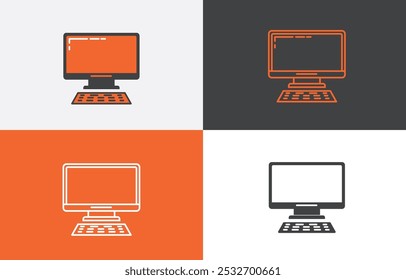 Ilustración vectorial de la computadora de escritorio con cuatro estilos. Icono de la computadora de escritorio plana. Icono de la computadora de escritorio