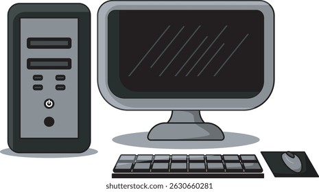 Vector illustration of a desktop computer setup with monitor, CPU, keyboard, and mouse. Ideal for tech blogs, IT services, and digital media projects.