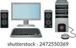 vector and illustration of desktop computer with speakers, monitor, mouse and keyboard in cartoon style. Technology icon set.