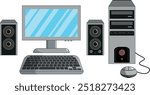 vector and illustration of desktop computer with speakers, monitor, mouse and keyboard in cartoon style. Technology icon set.
