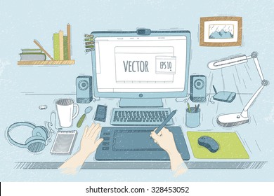 Vector illustration desktop designer. Drawn in sketch style. Organization of modern business workspace in the office.