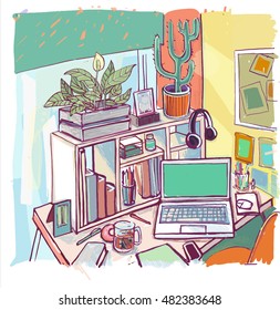 Vector illustration desktop designer. Drawn in sketch style. 