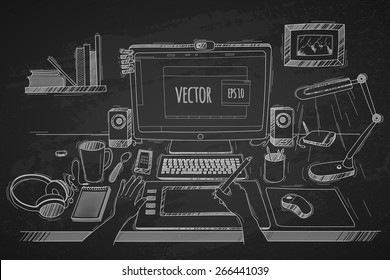 Vector illustration desktop designer. Made in sketch style on a black chalkboard background. Organization of modern business workspace in the office.