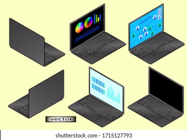 Vector illustration desktop laptop with screen on and off graphs and diagrams 3d isometry right and left front and back view