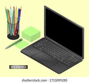 Vector illustration desktop laptop writing paper pencils and pens isometry 3d