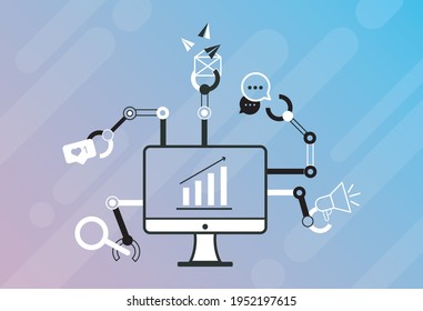 Vector Illustration of a desktop pc with automated robotic arms which move and hang elements of digital marketing: newsletter, social media, client management, advertising, search optimization, growth