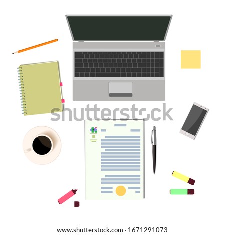 Vector illustration of a businessman’s desktop top view with laptop, smartphone, cup of coffee and office documents.