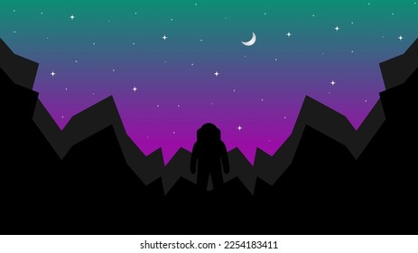 Vektorgrafik, Desktop-Bildschirmhintergrund. Ein Astronaut, der mitten in einem Weltraumfelsen steht, mit dem Mond und Sternen hinter ihm.