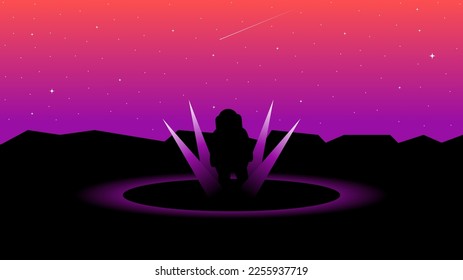Ilustración vectorial, fondo de pantalla de escritorio. Un astronauta se alza entre cristales y halos emitiendo luz en el espacio exterior.