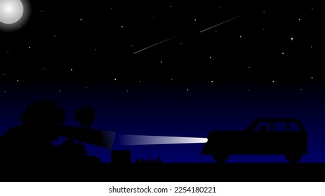 Vector illustration, desktop wallpaper. The car stopped in front of a fallen tree amidst the moon and stars at night.