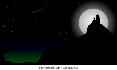 Vector illustration, desktop wallpaper. A couple in love sees a shooting star at night with the moonlight illuminating it.
