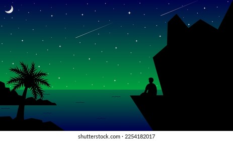 Vector illustration, desktop wallpaper. A young man sat on a large rock by the sea, looking at the moon and stars.