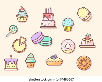 Vector illustration of a dessert and bakery elements. Contains such as doughnut, cookie, Cake pop, Cupcake and more. Flat illustration style line drawing and background color beige.
