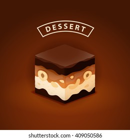 Vector illustration of the dessert with chocolate, nuts, caramel and the nougat