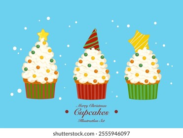 Vector illustration, dessert, colorful Christmas cupcakes, gingerbread and stars, homemade sweet sugar-coated cookies or biscuits, winter food. Festival, happiness, celebration. Cute style isolated.