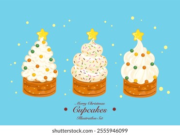 Vector illustration, dessert, colorful Christmas cupcakes, gingerbread and stars, homemade sweet sugar-coated cookies or biscuits, winter food. Festival, happiness, celebration. Cute style isolated.