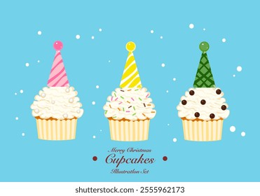 Vector illustration, dessert, colorful Christmas cupcakes, gingerbread and stars, homemade sweet sugar-coated cookies or biscuits, winter food. Festival, happiness, celebration. Cute style isolated.