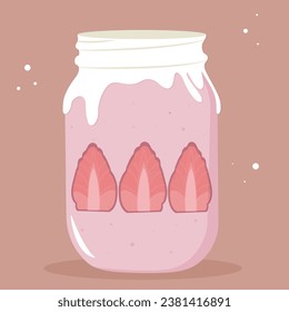 Vector illustration of dessert in a jar with white chocolate. Strawberry dessert in a jar with chocolate.