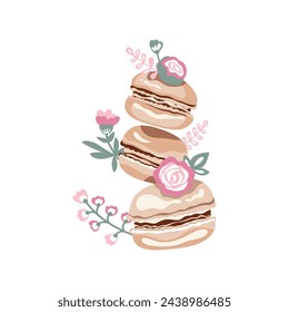 Vector illustration of dessert macaron and flowers. A delicate French dessert isolated on a white background.