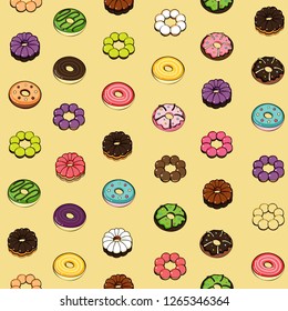 Vector illustration Dessert pattern. Several Doughnut pattern on yellow background.