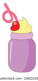 Vector illustration of a dessert in purple jar with a pink straw and red cherry white background 