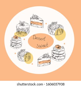 Vector illustration of desserts.  Cakes, cookies, pastries, cheesecake, pancakes, raspberries, strawberries, cream and more. Pink frame lettering dessert sweet.