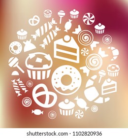 vector illustration of  desserts and sweets in circle shape design on blurred modern background