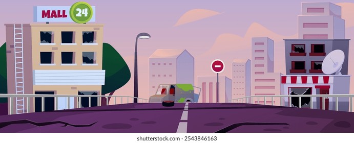 Ilustração vetorial de uma paisagem urbana destruída com casas abandonadas com janelas quebradas, um carro e uma estrada rachada. Paisagem urbana desolada pós-apocalíptica. Plano de fundo para design. Estilo plano.