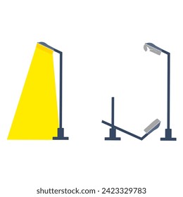 Ilustración vectorial de un poste eléctrico de luz que contiene una luz extinguida, un poste roto y una luz encendida. La iluminación interior de las calles parece antigua y anticuada.