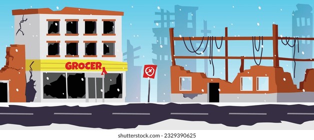 Vector illustration of destroyed grocery, city destroy in war zone, abandoned buildings. Winter is snowing, cold. Destruction, post-apocalyptic broken ruined road. Consequences of hurricanes or war