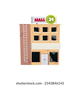 Ilustração vetorial do shopping destruído. Abandonado edifício da cidade, loja ou loja isolado no fundo branco. Vandalismo de desenhos animados. Consequências de um terremoto, furacões, guerra ou apocalipse