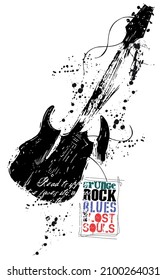 Vector illustration of destroyed musical instrument. Art in a rustic style with text.