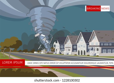 Vector illustration of a destructive hurricane. Banner vector illustration of a cartoon a news release on tv with a story about a hurricane. The concept of climate threat to the population